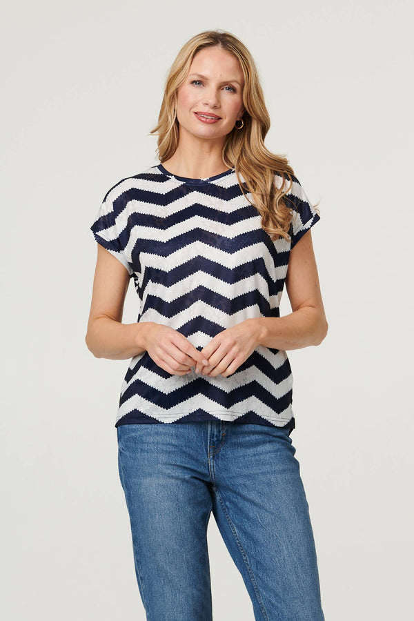 Navy | Zig Zag Cap Sleeve Slim Fit Top
