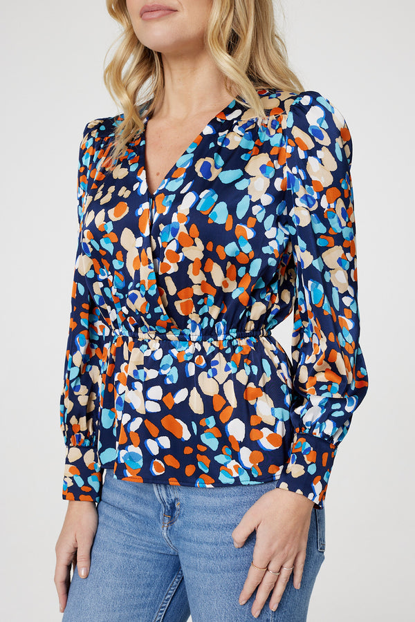 Navy | Printed Long Sleeve Peplum Blouse