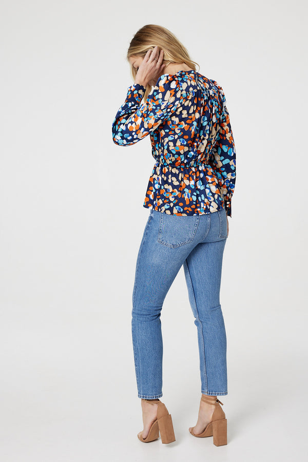 Navy | Printed Long Sleeve Peplum Blouse