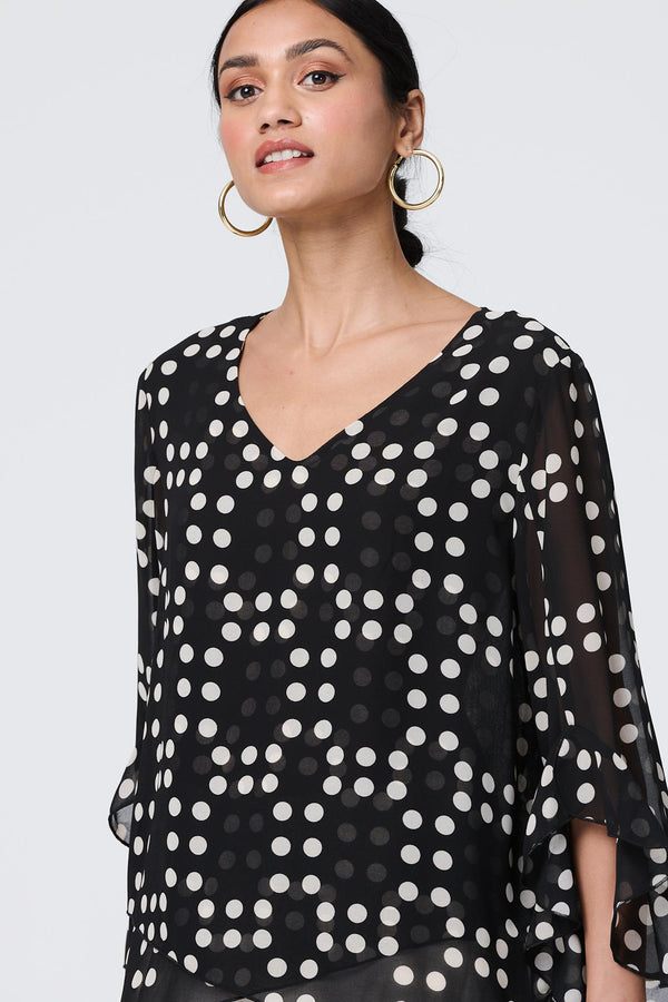Black | Dot Print Semi Sheer Flare Sleeve Blouse
