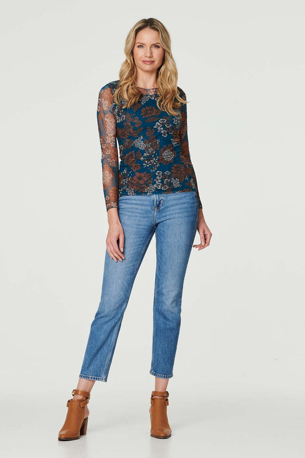 Blue | Floral Semi Sheer Mesh Top