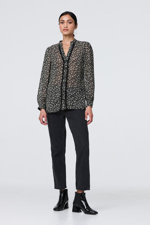 Black | Ditsy Floral Semi Sheer Long Sleeve Blouse
