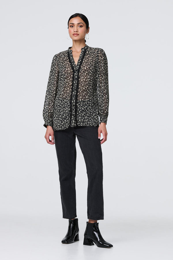 Black | Ditsy Floral Semi Sheer Long Sleeve Blouse
