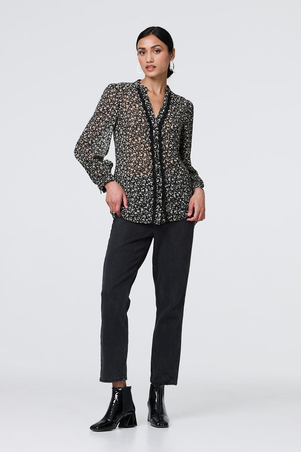 Black | Ditsy Floral Semi Sheer Long Sleeve Blouse
