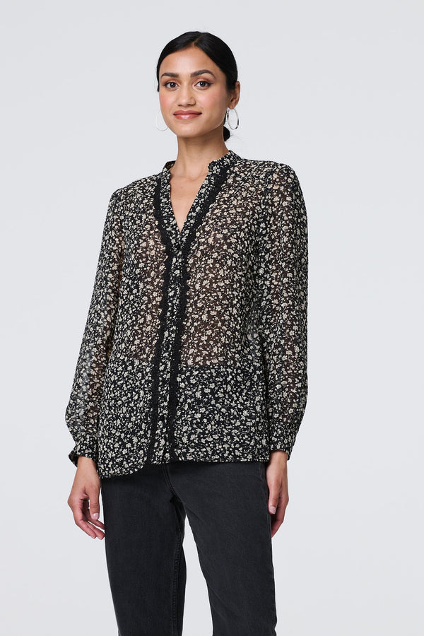 Black | Ditsy Floral Semi Sheer Long Sleeve Blouse

