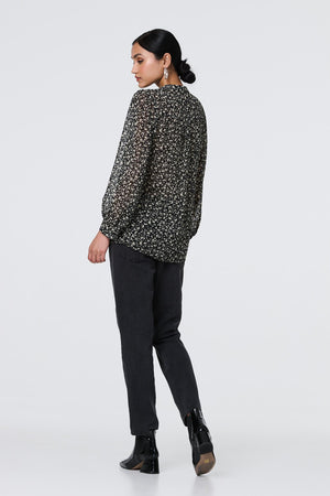 Black | Ditsy Floral Semi Sheer Long Sleeve Blouse
