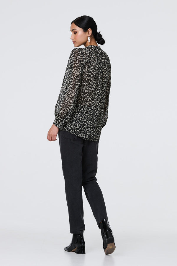 Black | Ditsy Floral Semi Sheer Long Sleeve Blouse
