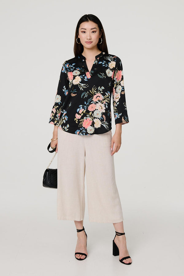Black | Floral Print 3/4 Sleeve V-Neck Blouse
