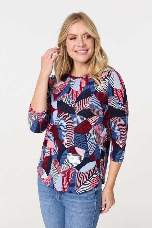 Navy | Abstract Print 3/4 Sleeve Curve Hem Top
