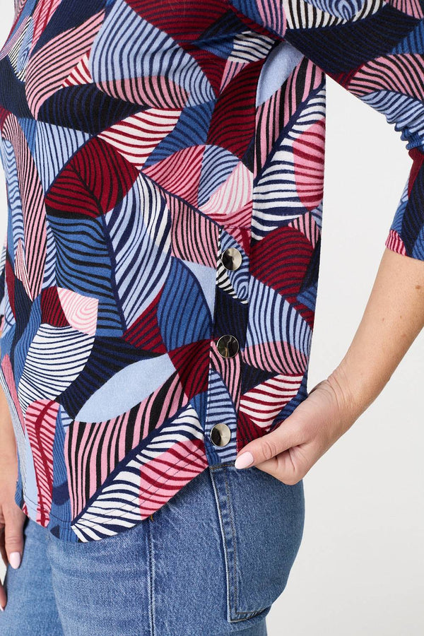 Navy | Abstract Print 3/4 Sleeve Curve Hem Top
