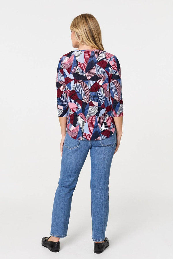 Navy | Abstract Print 3/4 Sleeve Curve Hem Top
