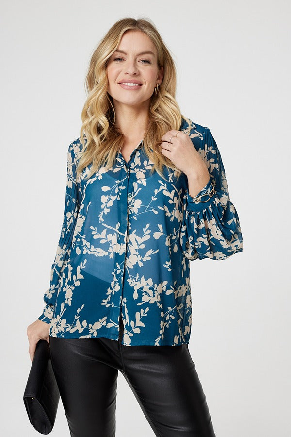 Teal | Leaf Print Semi Sheer Blouse