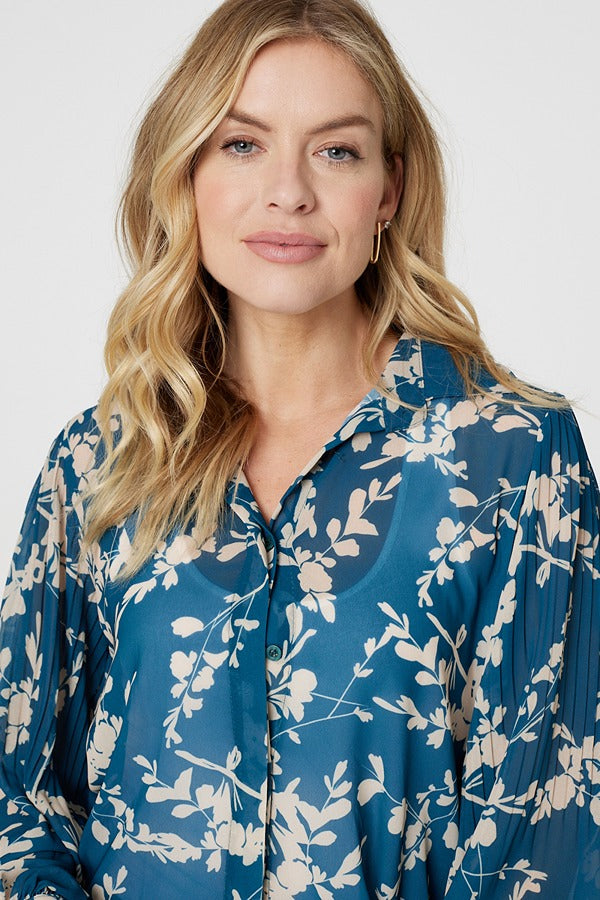 Teal | Leaf Print Semi Sheer Blouse