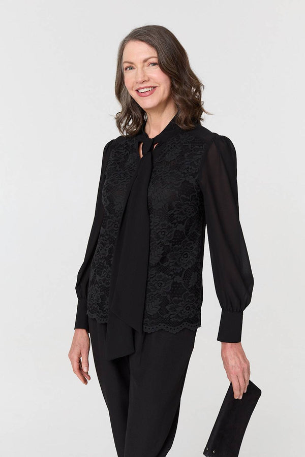 Black | Floral Lace Semi Sheer Textured Blouse
