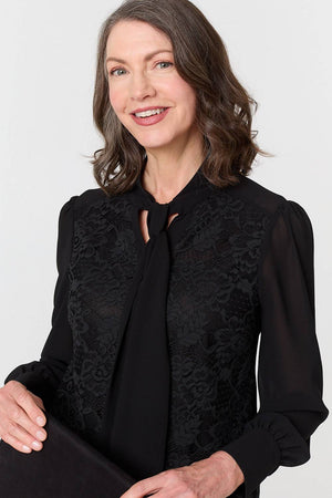 Black | Floral Lace Semi Sheer Textured Blouse
