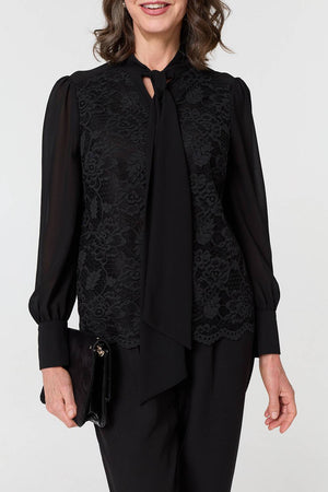 Black | Floral Lace Semi Sheer Textured Blouse

