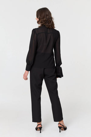 Black | Floral Lace Semi Sheer Textured Blouse
