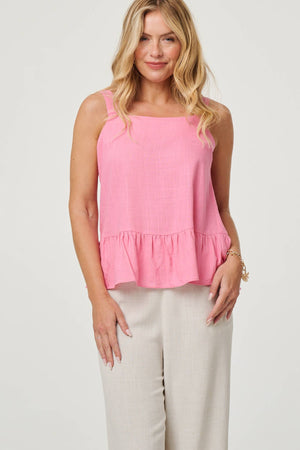 Pink | Frill Hem Sleeveless Wide Strap Top : Model is 5'10