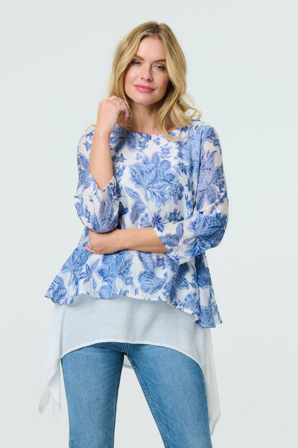 Blue | Floral 3/4 Sleeve Layered High Low Tunic
