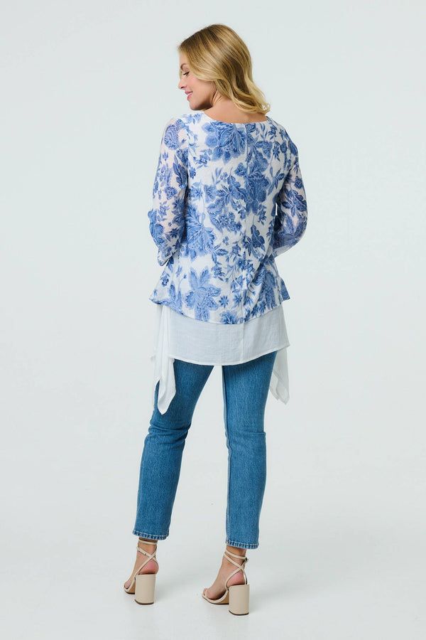 Blue | Floral 3/4 Sleeve Layered High Low Tunic
