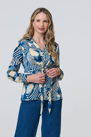 Teal | Printed Tie Front Long Sleeve Blouse : Model is 5'10