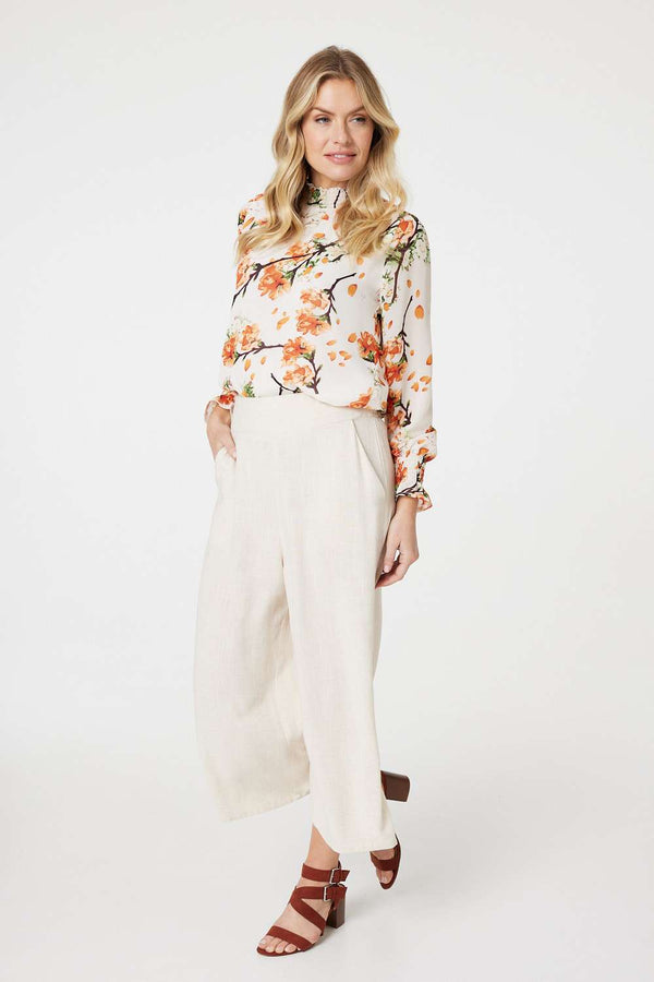 Orange | Floral Shirred High Neck Blouse