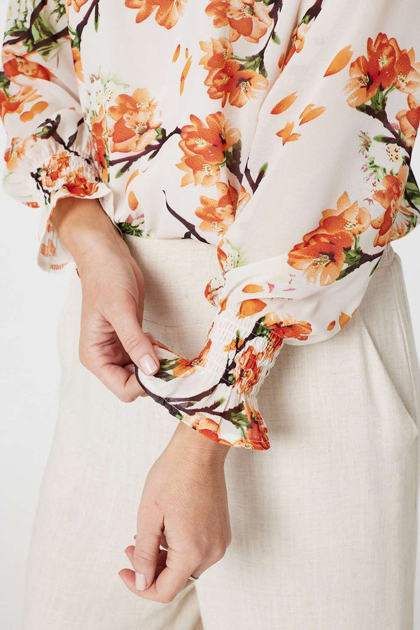 Orange | Floral Shirred High Neck Blouse