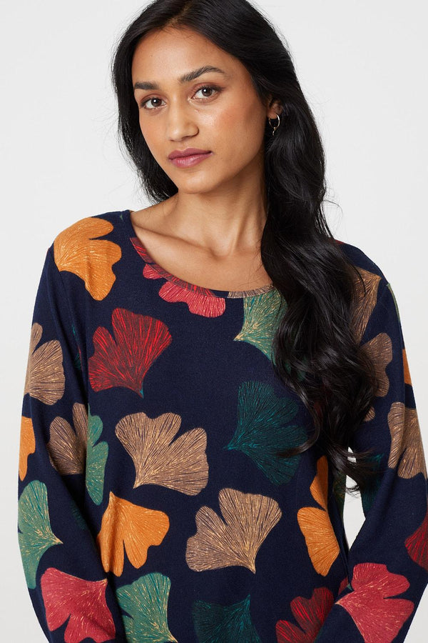 Navy | Leaf Print High Low Tunic Top
