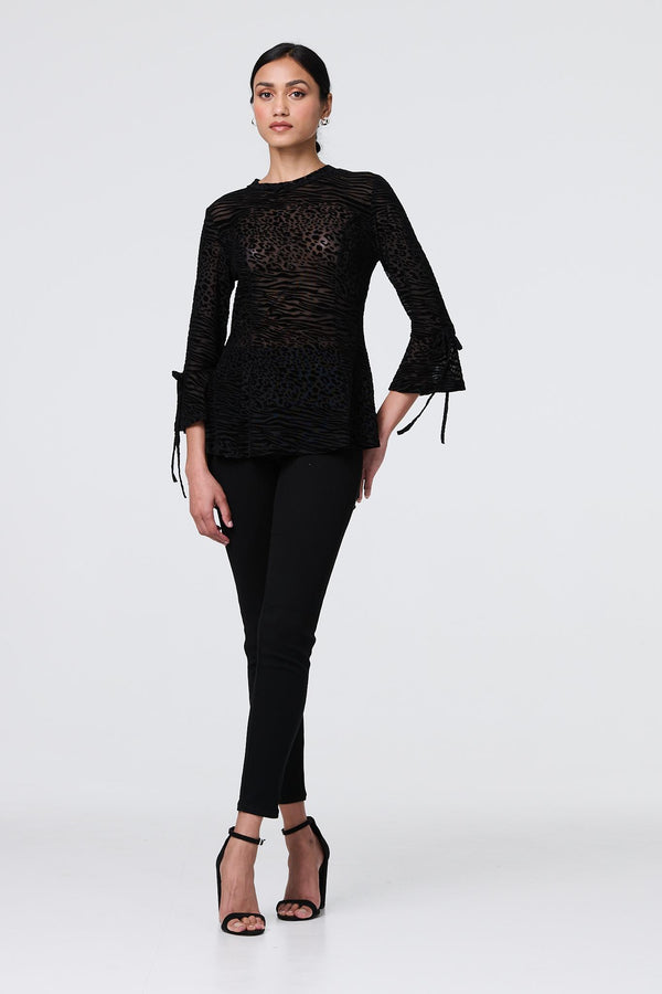 Black | Animal Print Sheer Mesh 3/4 Sleeve Top
