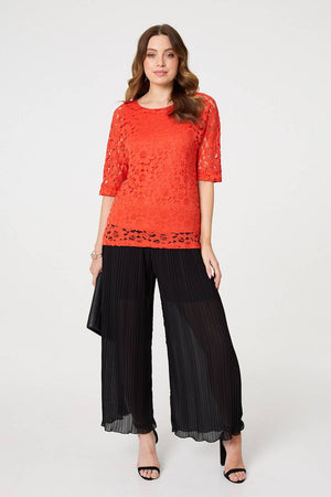 Coral | Floral Lace 3/4 Sleeve Relaxed Blouse
