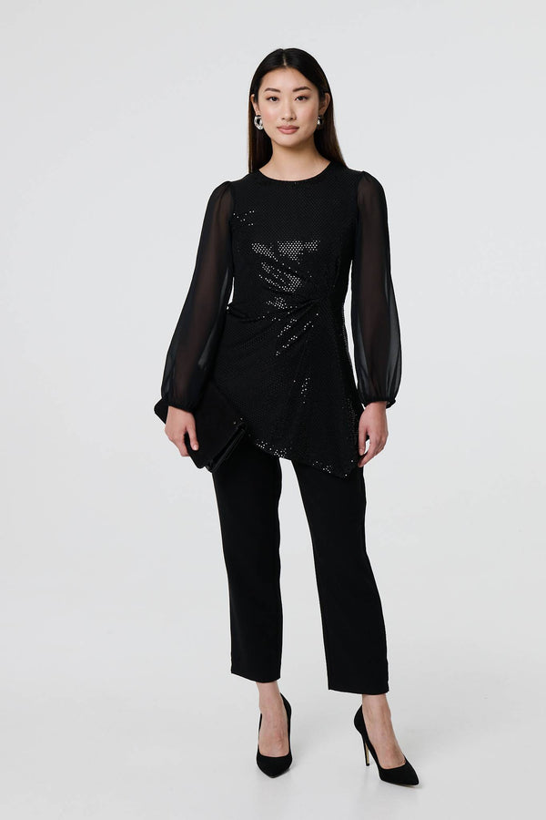 Black | Semi Sheer Sparkly Long Sleeve Blouse
