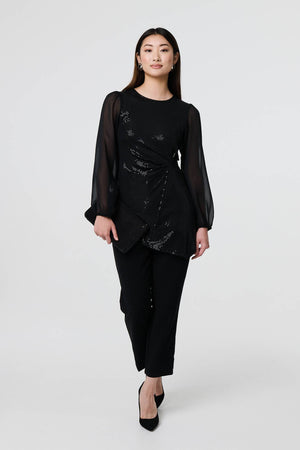 Black | Semi Sheer Sparkly Long Sleeve Blouse
