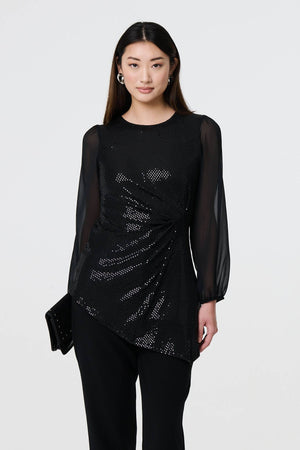 Black | Semi Sheer Sparkly Long Sleeve Blouse : Model is 5'9