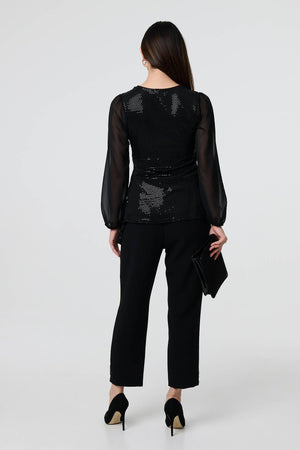 Black | Semi Sheer Sparkly Long Sleeve Blouse
