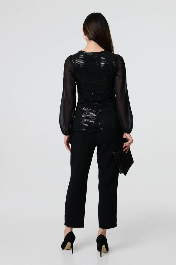Black | Semi Sheer Sparkly Long Sleeve Blouse
