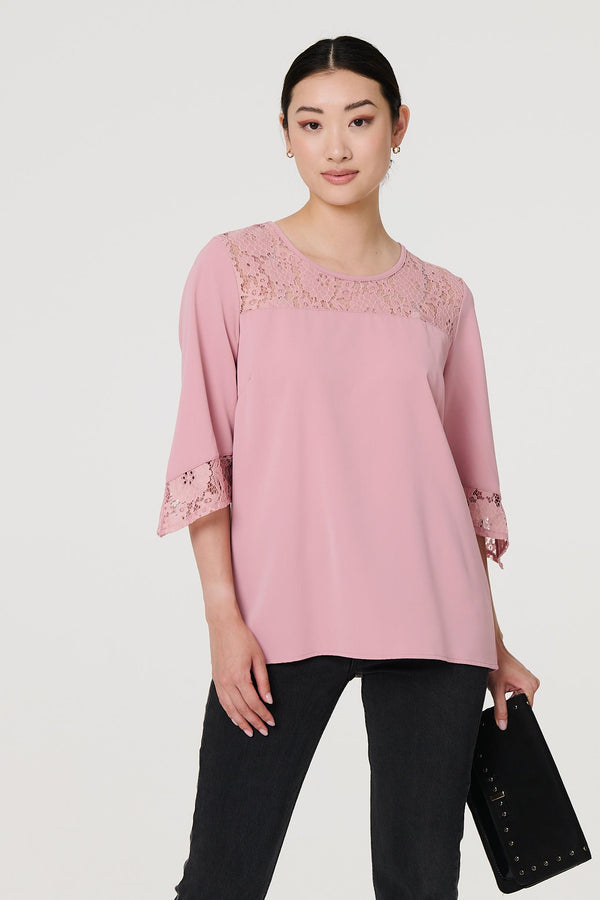 Pink | Lace Detail 3/4 Sleeve Blouse
