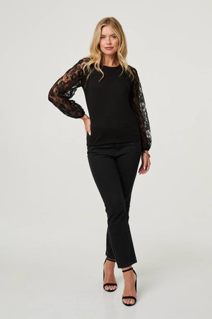 Black | Floral Lace Long Sleeve Blouse Top
