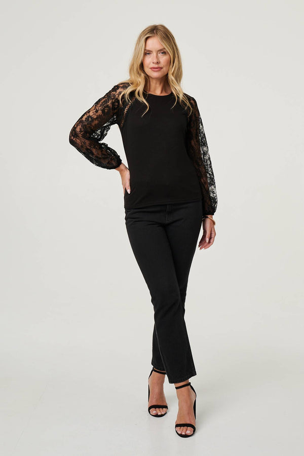 Black | Floral Lace Long Sleeve Blouse Top
