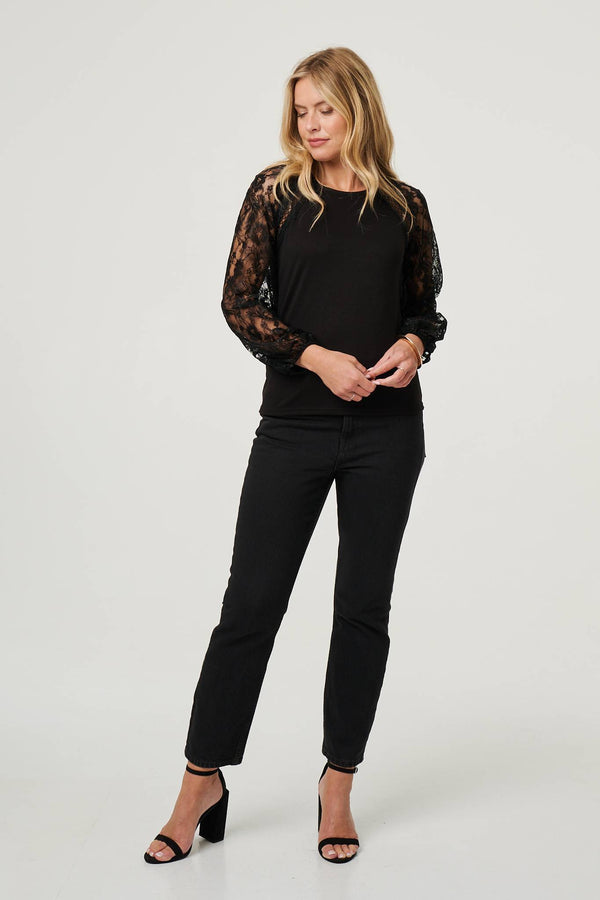 Black | Floral Lace Long Sleeve Blouse Top
