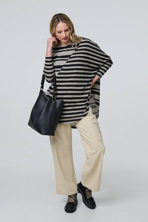 Grey | Striped Asymmetric Long Sleeve Tunic Top
