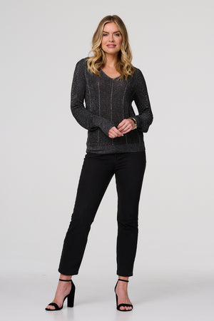 Black | Metallic Stripe Detail Fitted Top
