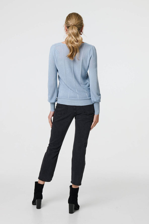 Blue | Metallic Stripe Detail Fitted Top
