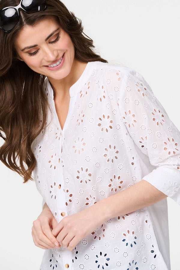 White | Broderie Anglaise 3/4 Sleeve Shirt