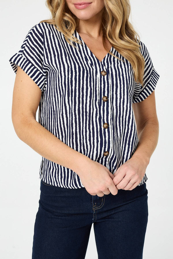 Navy | Striped Cap Sleeve Relaxed Blouse
