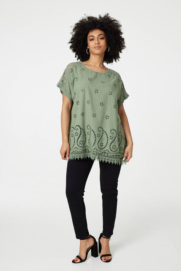 Khaki | Broderie Anglaise Oversized Blouse