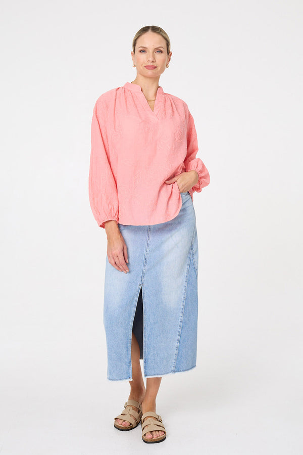 Coral | Embroidered Layered Long Sleeve Blouse