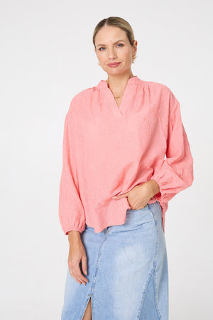 Coral | Embroidered Layered Long Sleeve Blouse : Model is 5'10