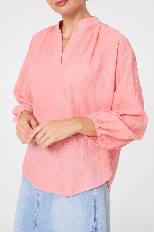 Coral | Embroidered Layered Long Sleeve Blouse