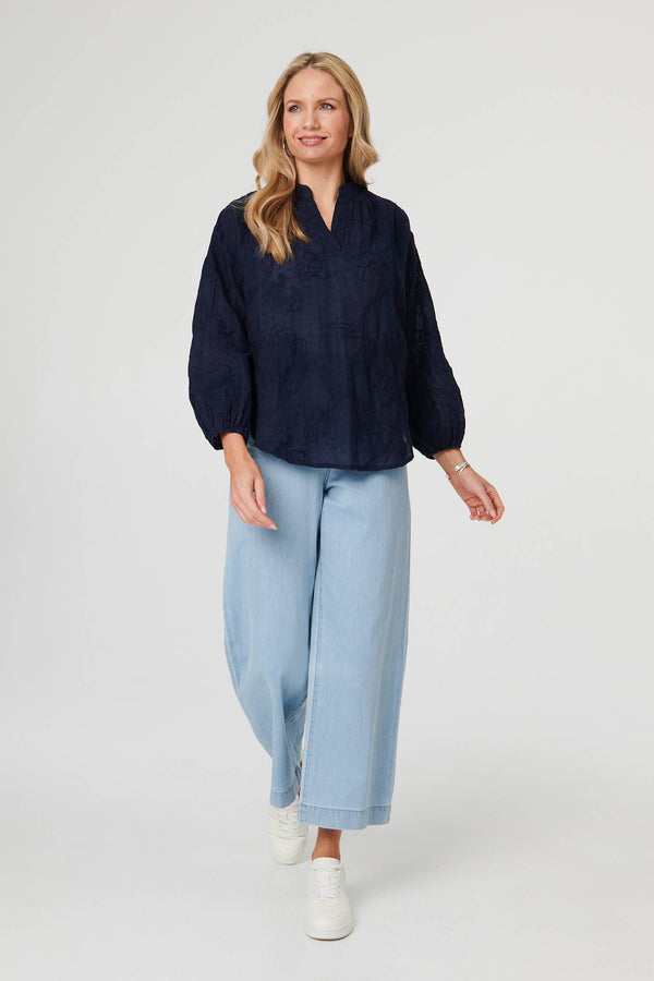 Navy | Embroidered Layered Long Sleeve Blouse