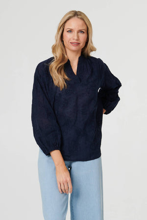 Navy | Embroidered Layered Long Sleeve Blouse : Model is 5'10